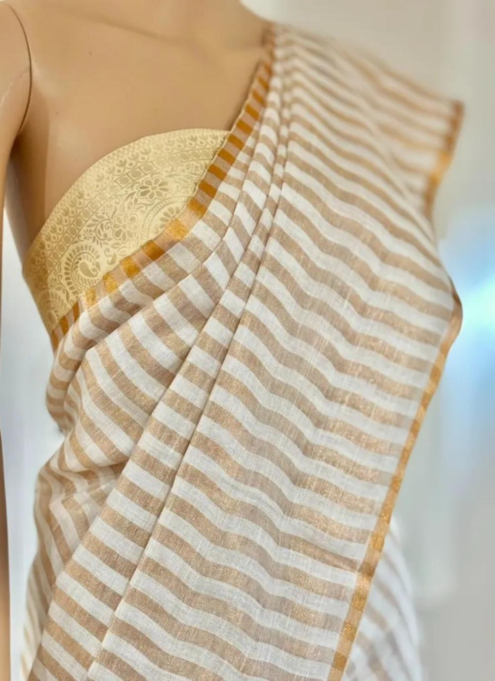 Pure Handloom Linen Saree | White & Beige Stripes with Gold Zari Border