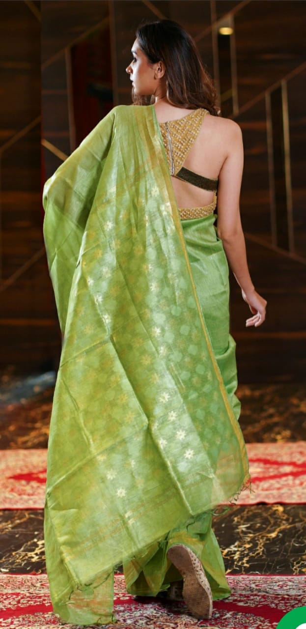 Parrot Green Bhagalpur Silk Linen Saree | Golden Zari Weaving Pallu Design