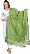 Handloom Linen Dupatta with Silver Zari Border ,Olive Green