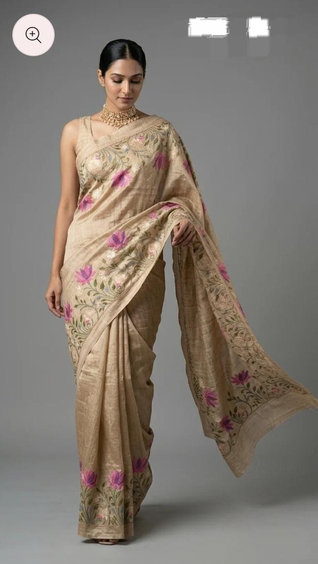 Handwoven Desi Tussar Silk Saree | Golden Beige Lotus Floral Embroidery