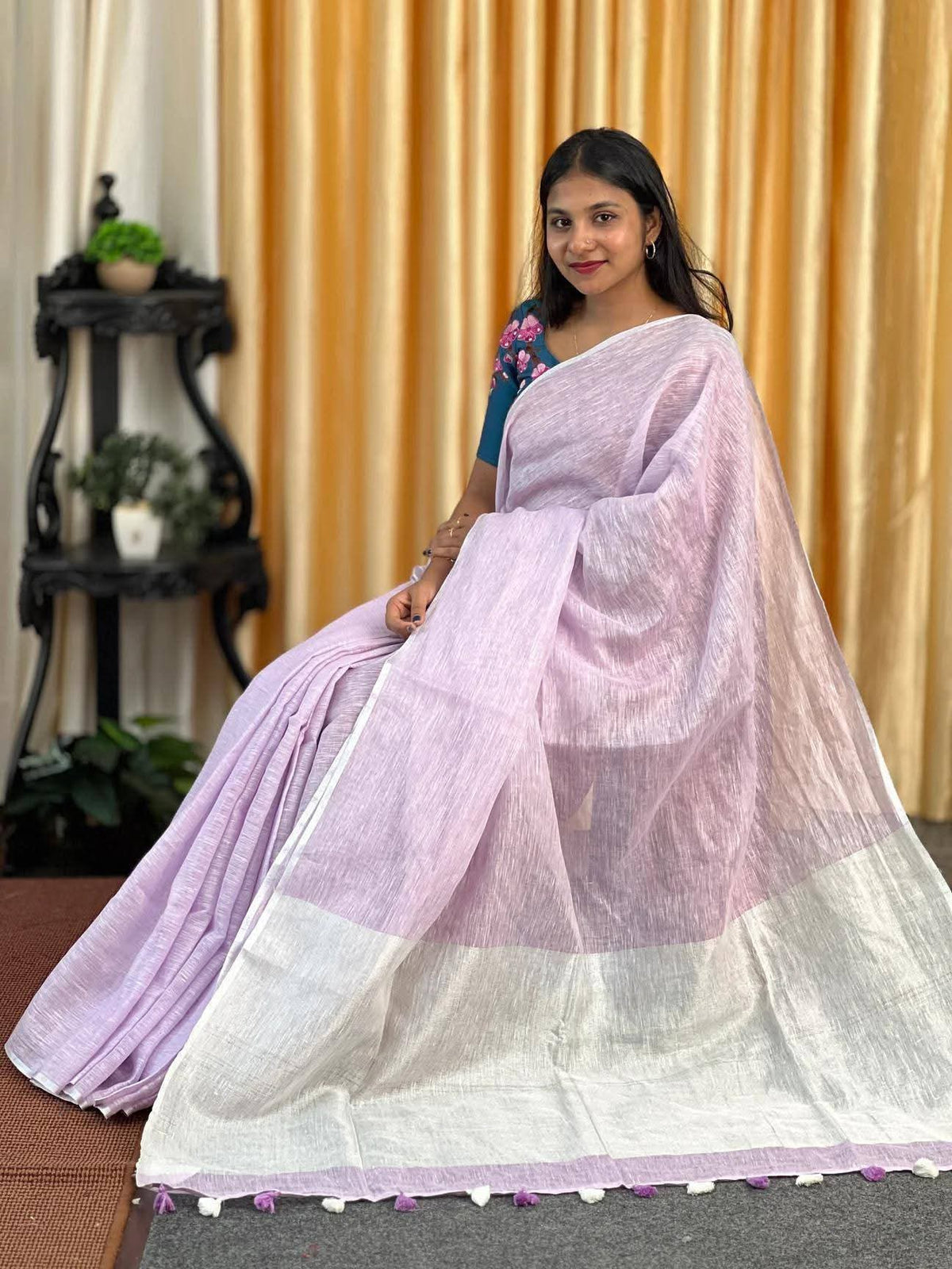 Handwoven Pure Linen Saree with Silver Zari Border & Tassels