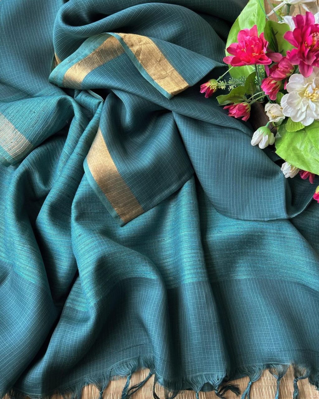 Handwoven Kota Silk Cotton Saree with Golden Zari Border