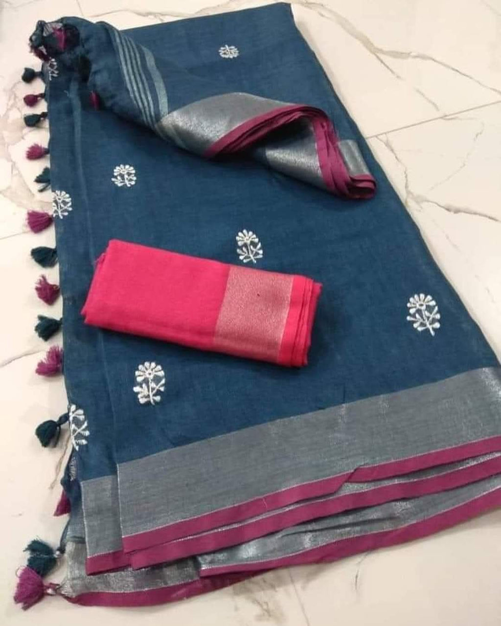 Handwoven Pure linen Embroidery Sarees