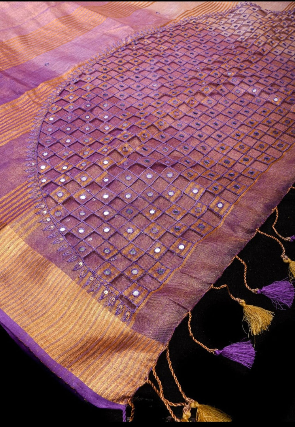 Handwoven Tissue Linen Saree with Cutwork Design & Golden Zari Border