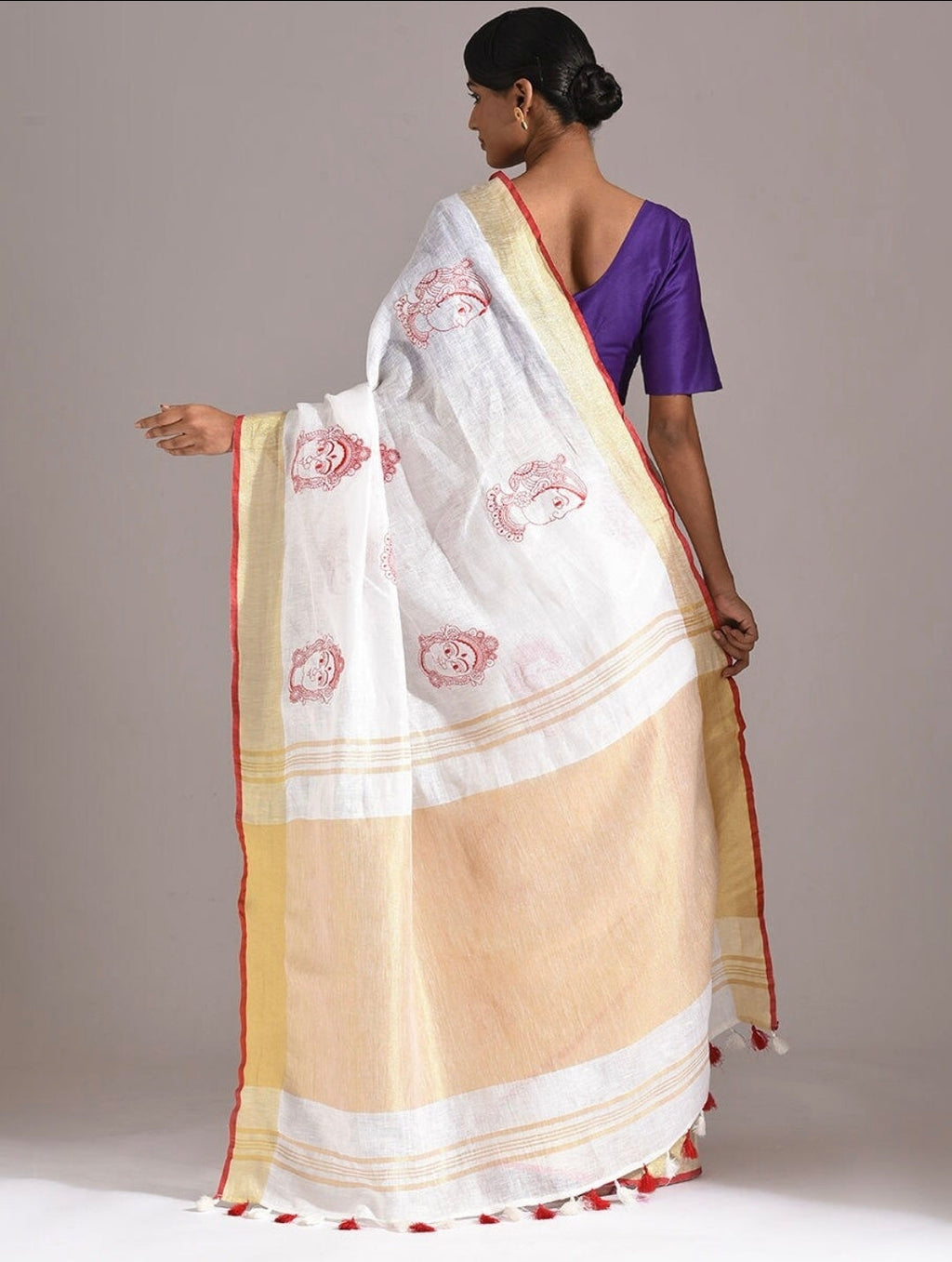 White Pure Linen Handloom Saree with Durga Embroidery & Zari Border