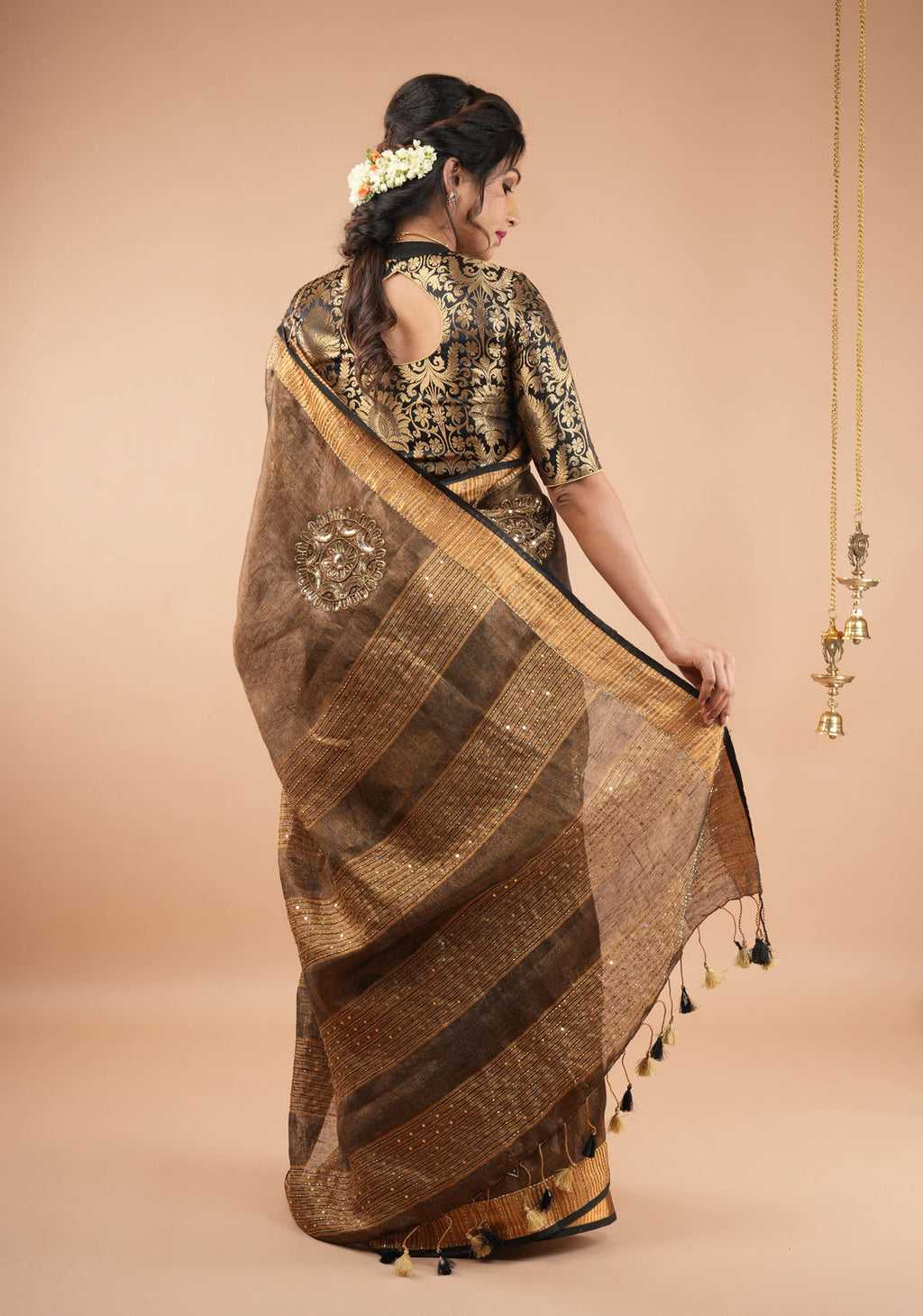 Handwoven Tissue Linen Copper Zari Border Handwork Embroidery Saree