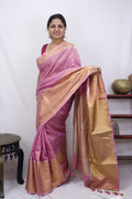 Handwoven Tissue Linen Saree with Golden Temple Zari Border