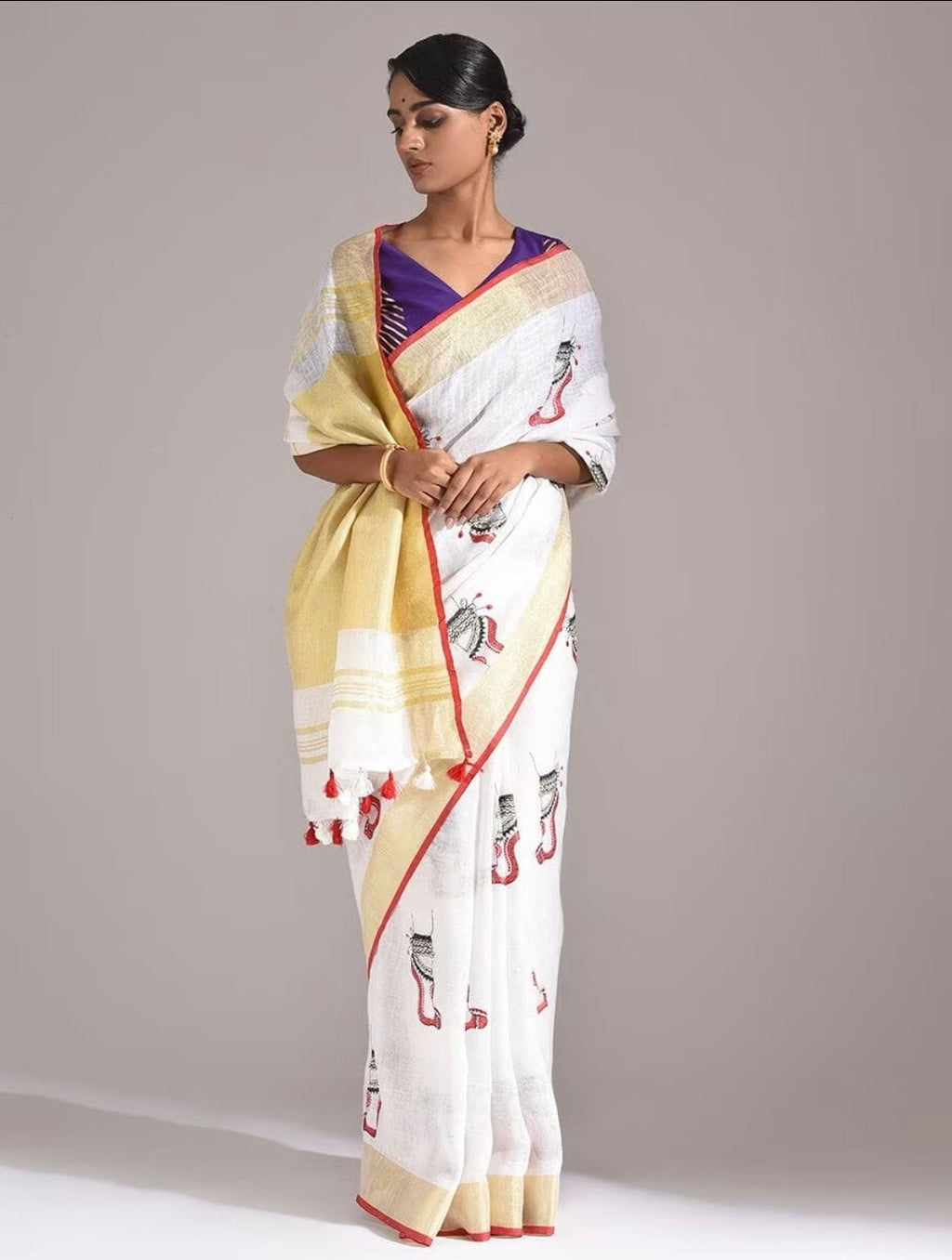 White Pure Linen Handloom Saree with Durga Embroidery & Zari Border