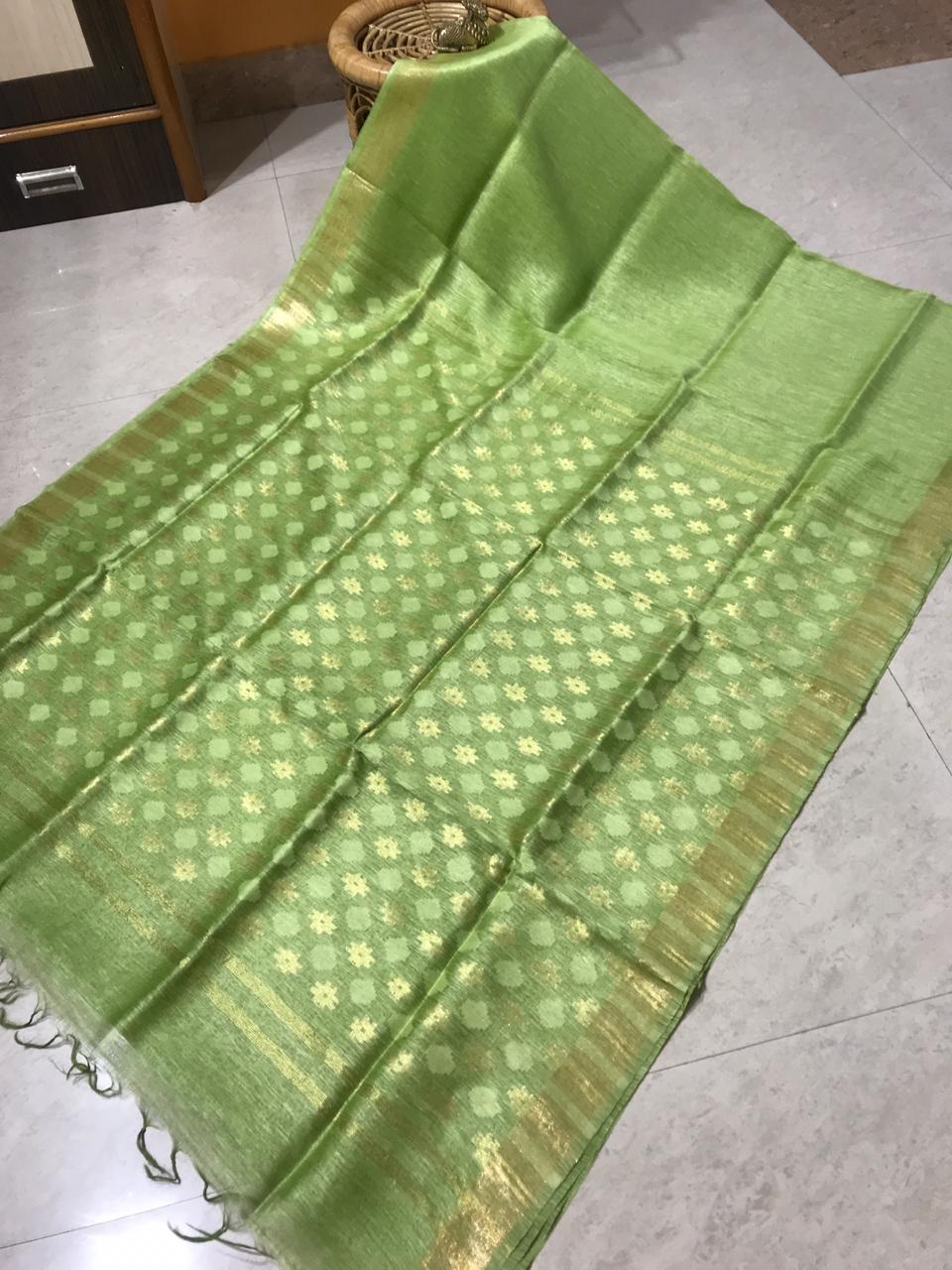 Parrot Green Bhagalpur Silk Linen Saree | Golden Zari Weaving Pallu Design