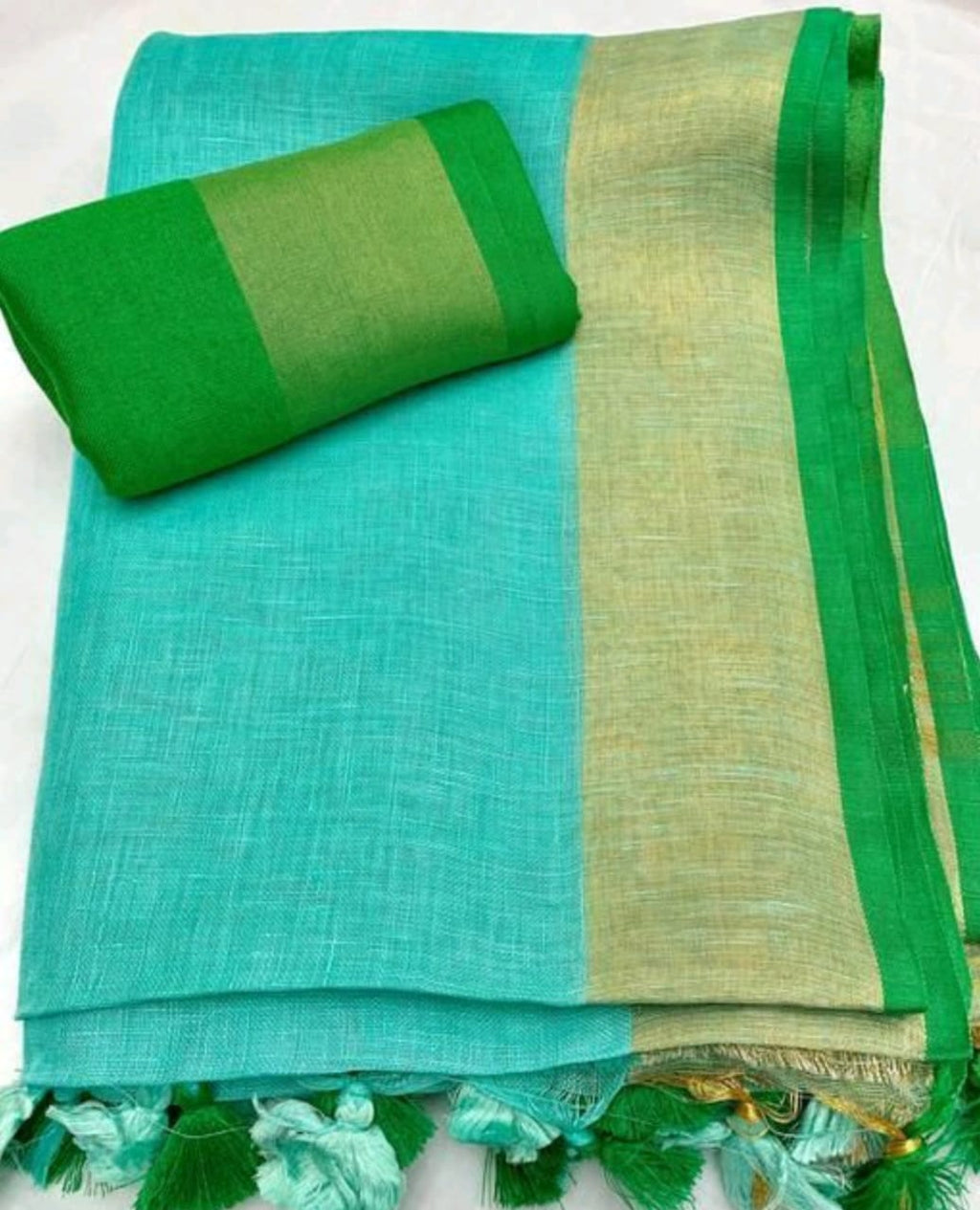 Handwoven Pure Linen Saree with Golden Zari Border