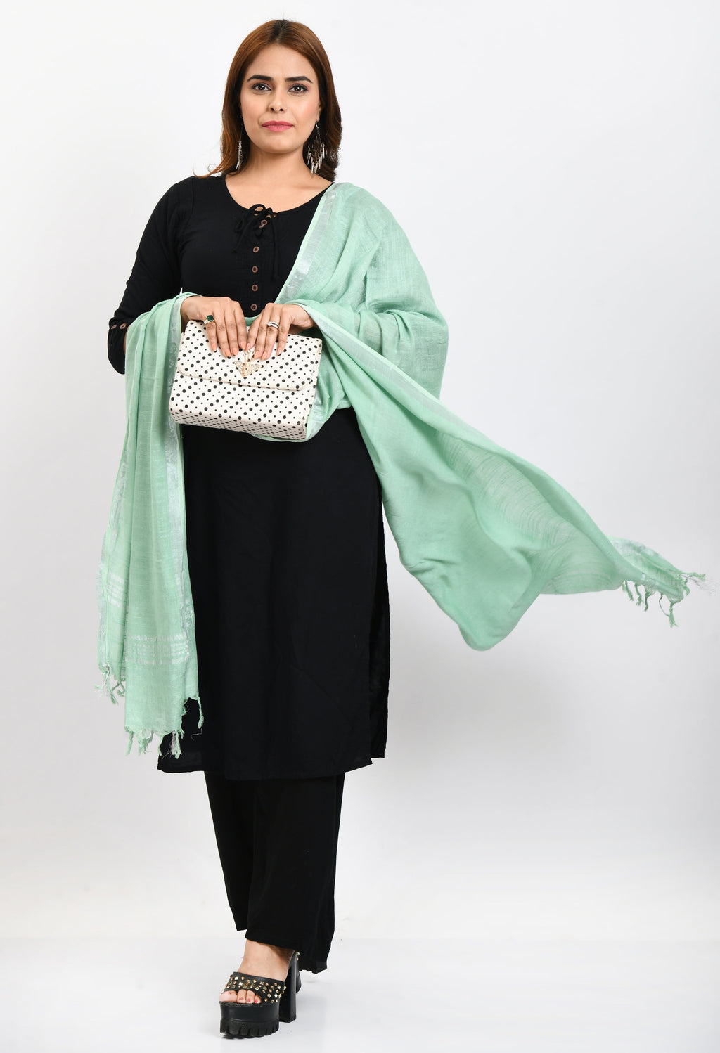 Mint Green Pure Linen Dupatta with Silver Zari Border