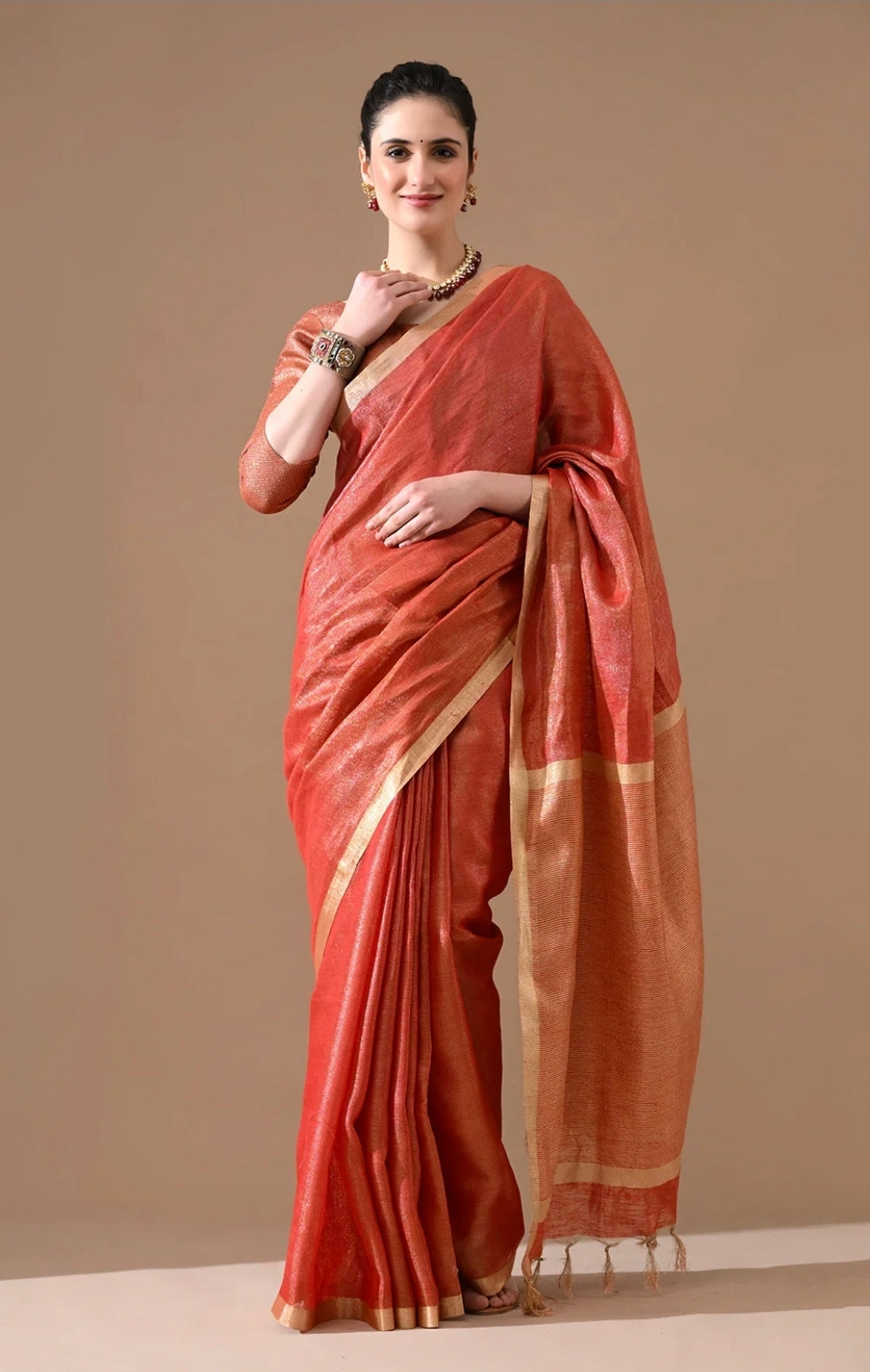 Handwoven Tissue Linen Saree with Golden Zari Border