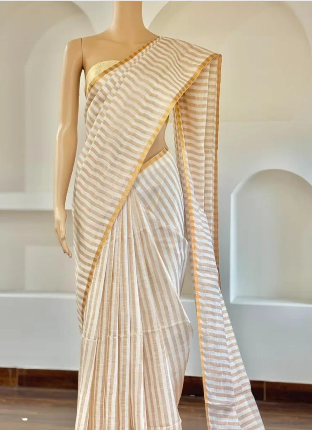 Pure Handloom Linen Saree | White & Beige Stripes with Gold Zari Border