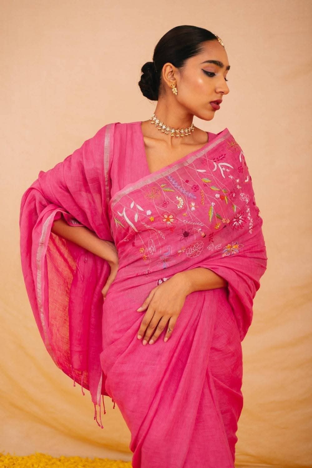 Handwoven Pure Linen Handwork Embroidery Saree