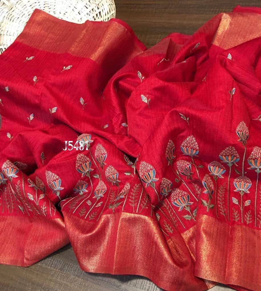 Silk Cotton Embroidery Saree – Lotus Floral Embroidery with Zari Border