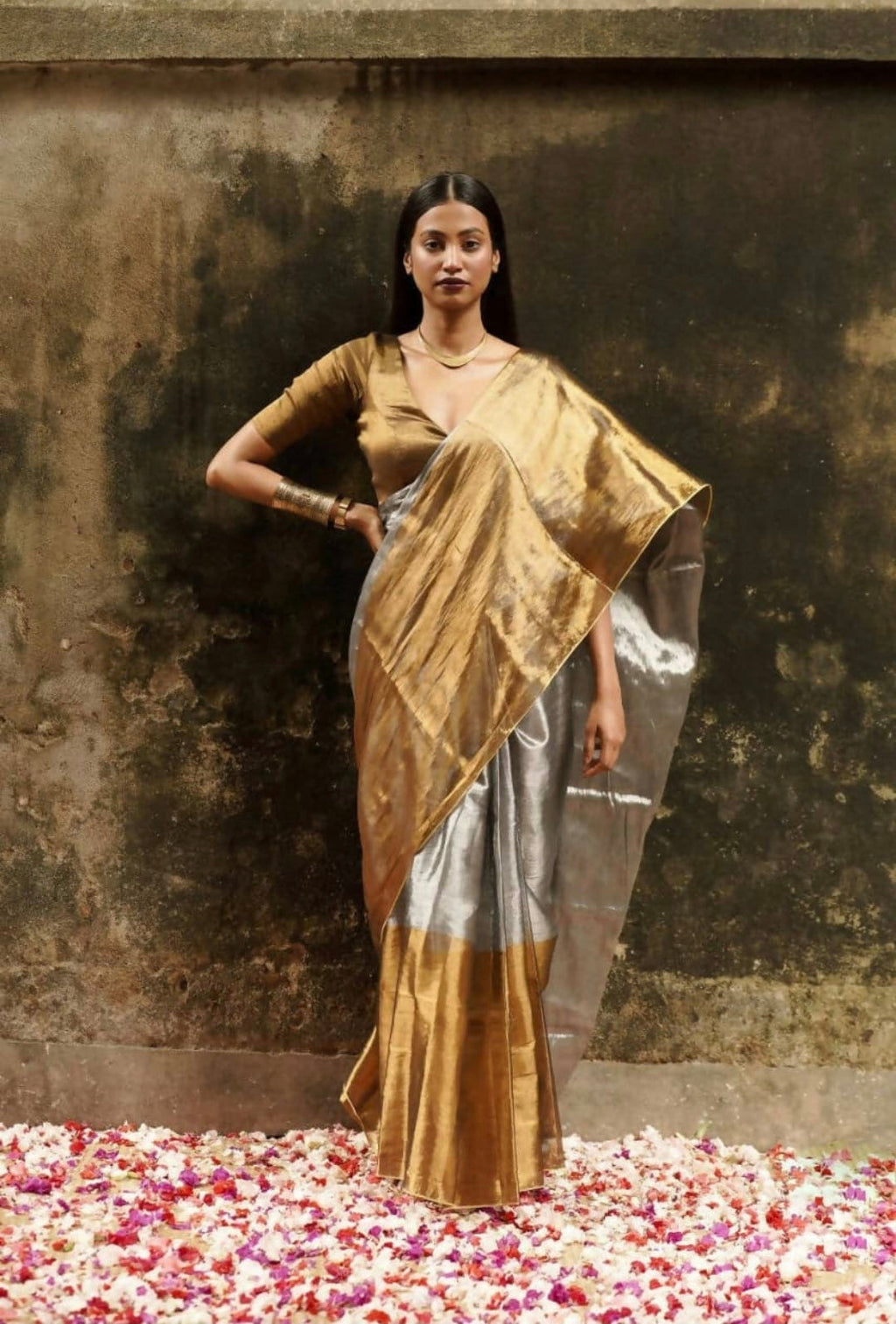 Handwoven Tissue Silk Saree | Silver Grey with Golden
