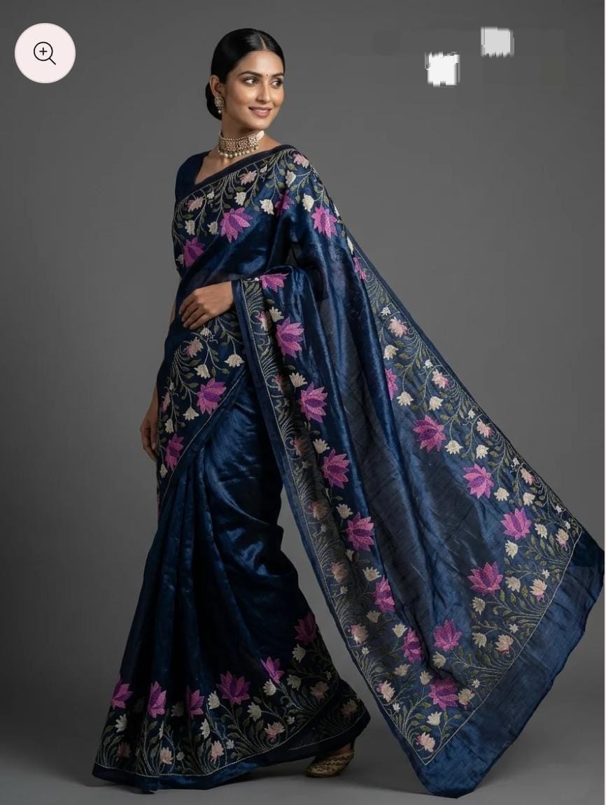 Handwoven Desi Silk Saree | Navy Blue Pink Lotus Floral Embroidery