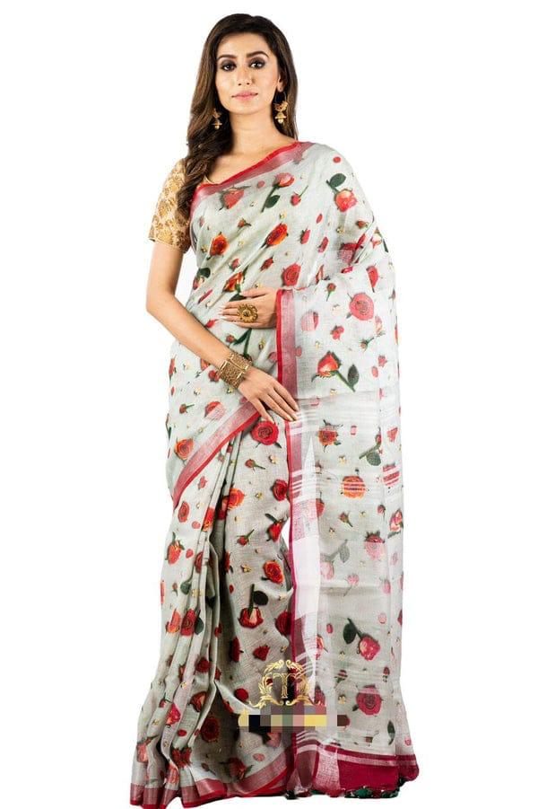Handwoven Pure Linen Digital Rose Print Saree with Red Silver Zari Border