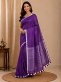 Handwoven Pure Linen Saree| Purple Silver Zari Border