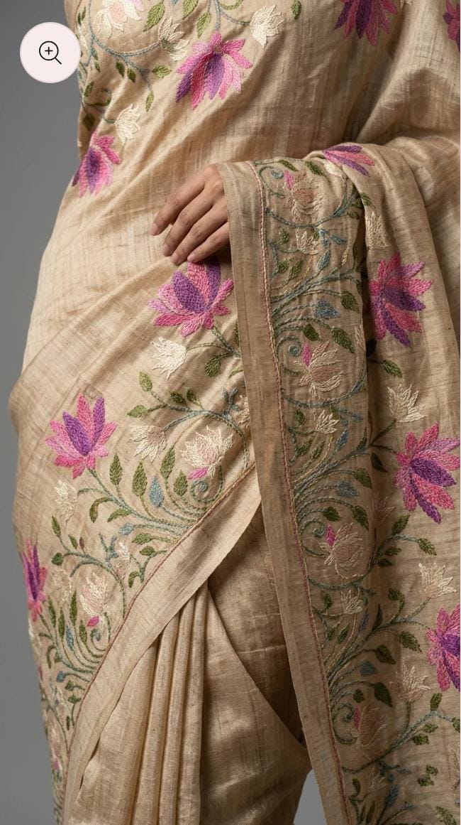 Handwoven Desi Tussar Silk Saree | Golden Beige Lotus Floral Embroidery