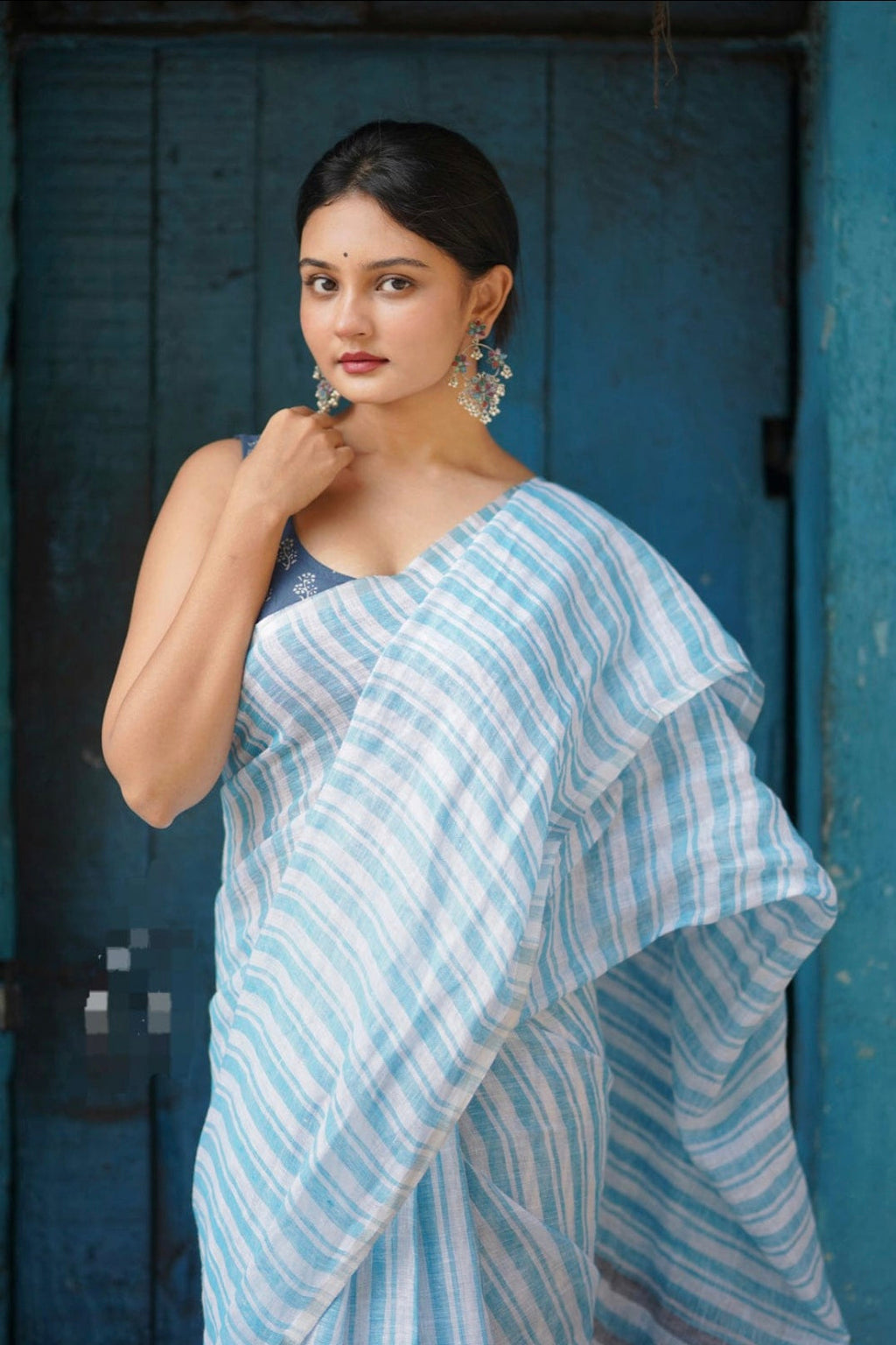 Handwoven Pure Linen Saree with Stripe Weave