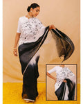 Handwoven Pure Linen Saree with Silver Zari Border & Black Hand Embroidery