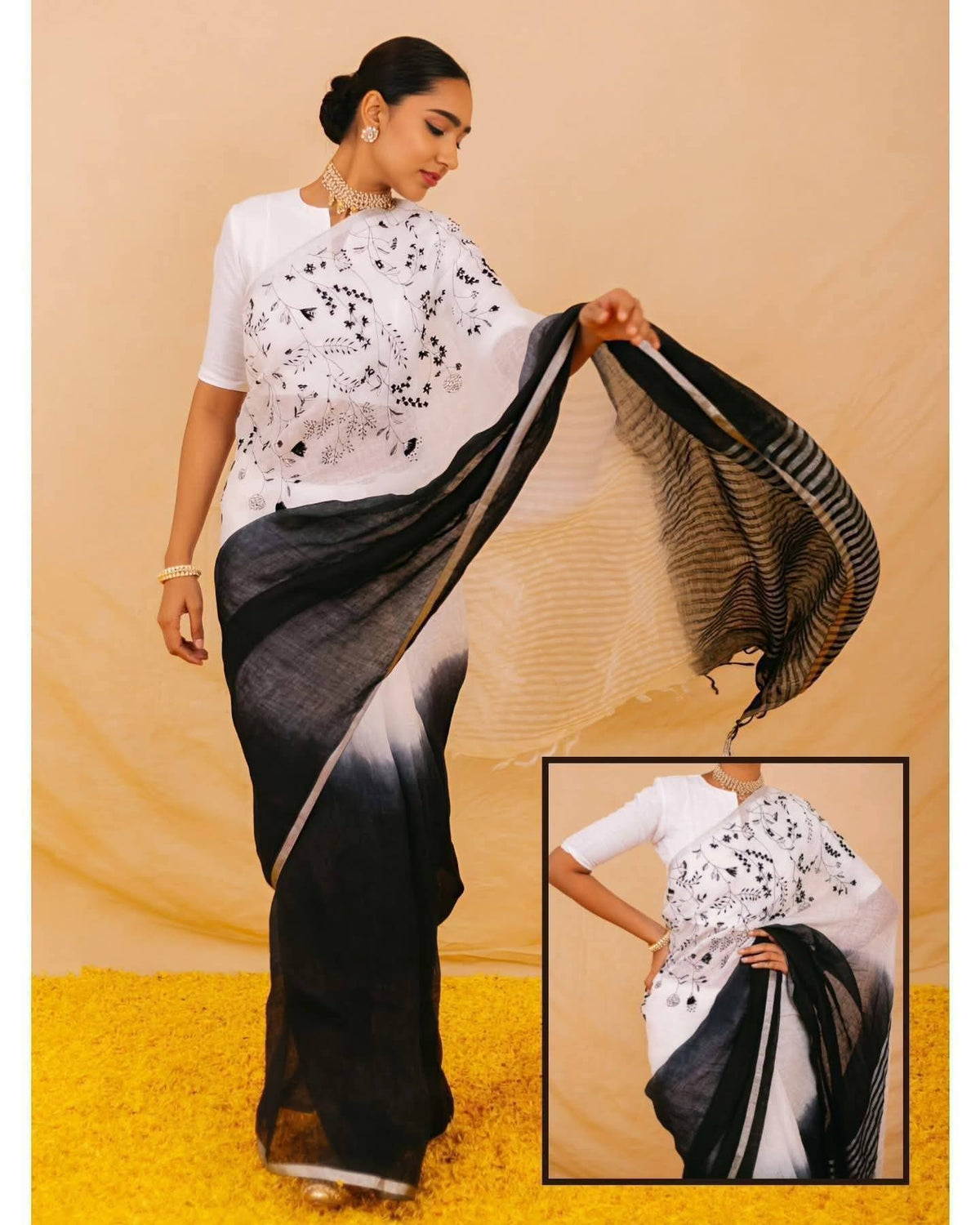 Handwoven Pure Linen Saree with Silver Zari Border & Black Hand Embroidery