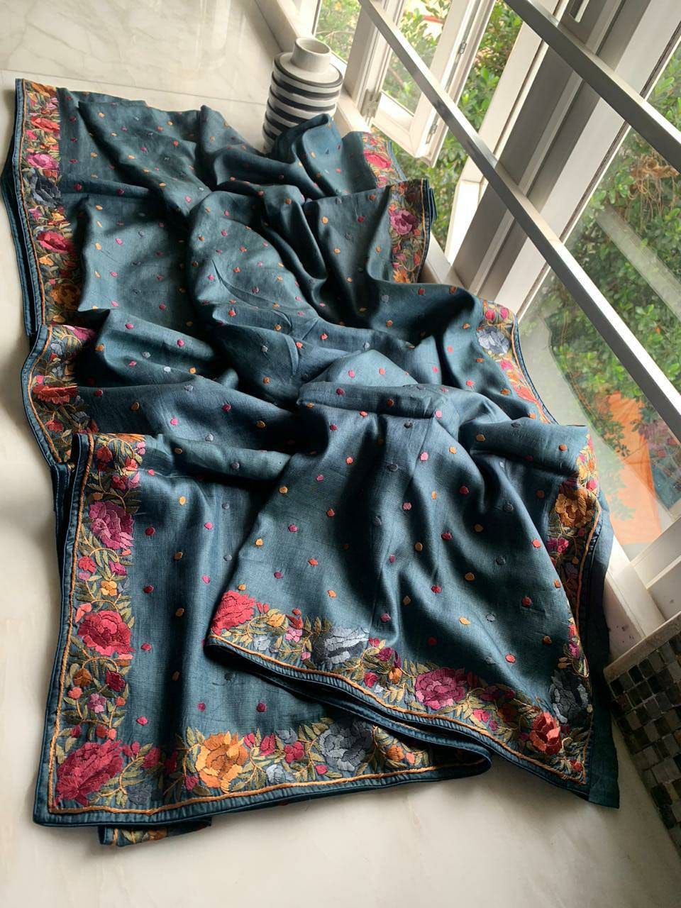 Handwoven Desi Tussar Silk Embroidery Sarees