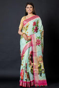 Handwoven Pure Linen Digital Print Saree with Pink Zari Border