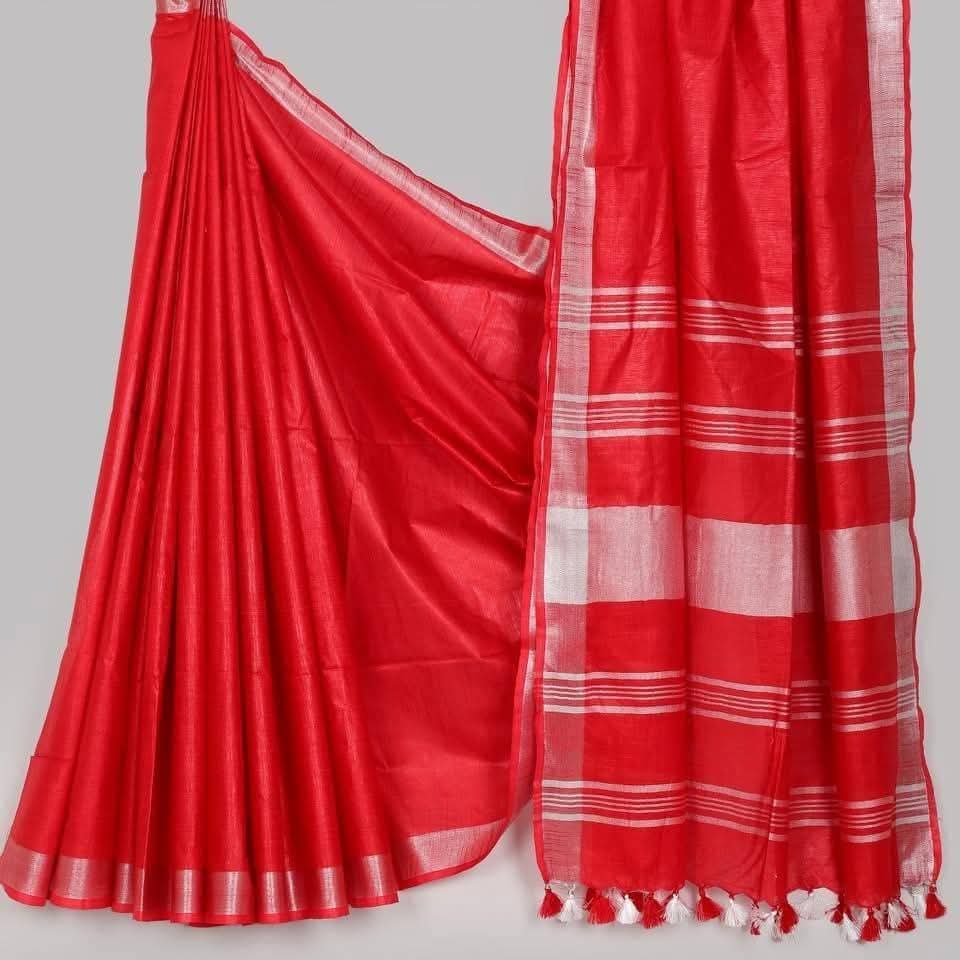 Handwoven Cotton sarees|.  Red Silver Zari Border| Bhagalpur Handloom