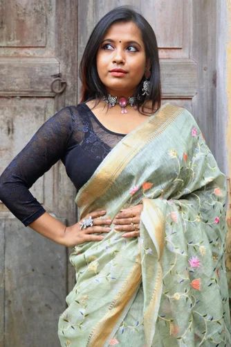 Kota Silk Linen Embroidery Saree with Zari Border /Sage Green
