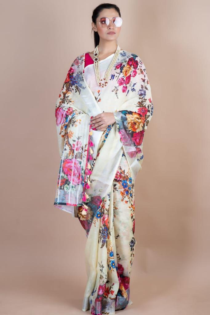 Handwoven Pure Linen Digital Floral Print Saree with Silver Zari Border