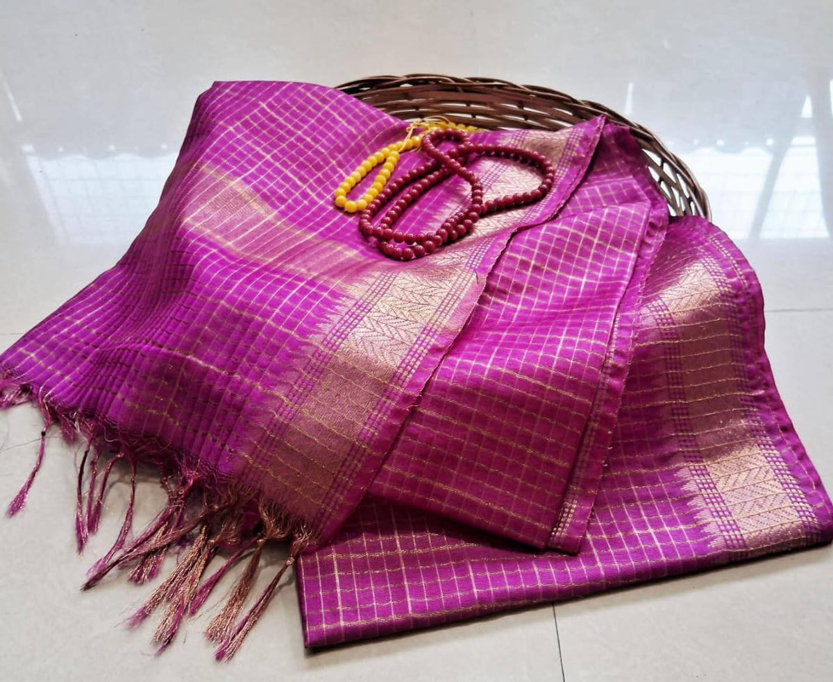 Handwoven Kota Silk Cotton Saree with Copper Zari Mini Check Border