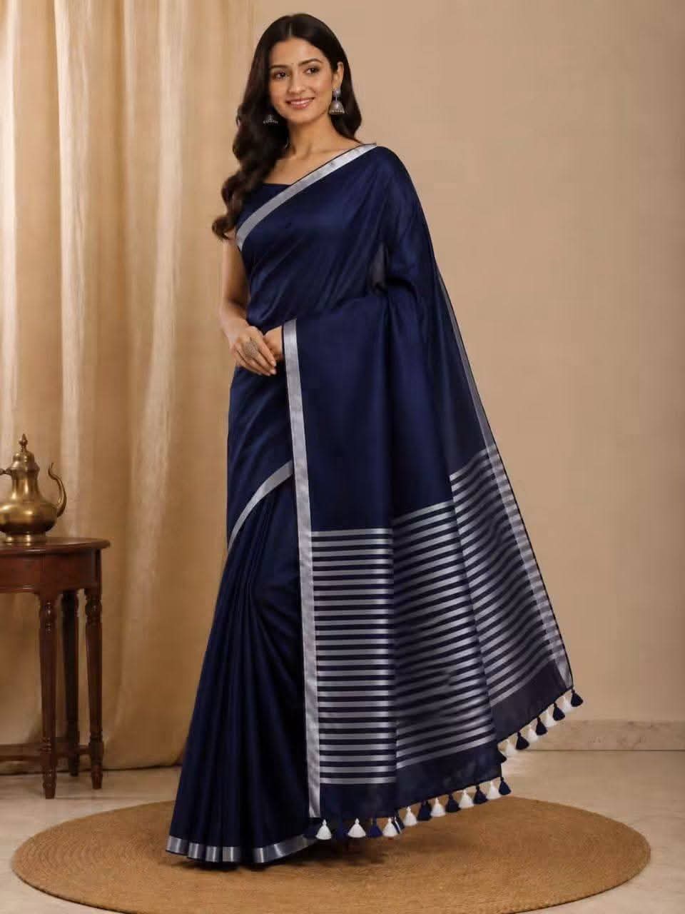 Handwoven Pure Linen Saree| Purple Silver Zari Border