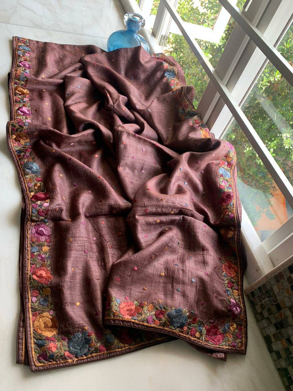 Handwoven Desi Tussar Silk Embroidery Sarees