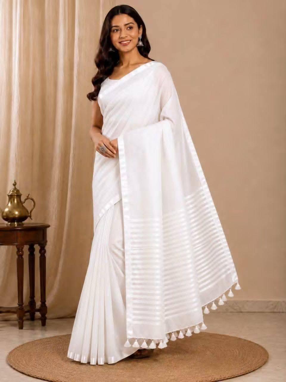 Handwoven Pure Linen Saree| Purple Silver Zari Border