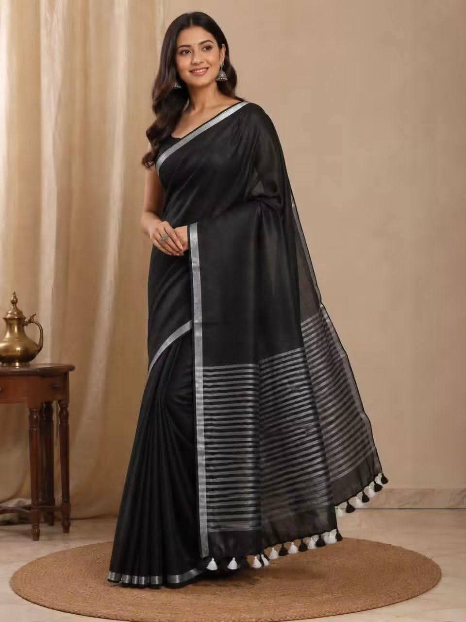 Handwoven Pure Linen Saree| Purple Silver Zari Border