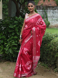 Pure Cotton Tie-Dye Shibori Saree with Silver Zari Border – Red