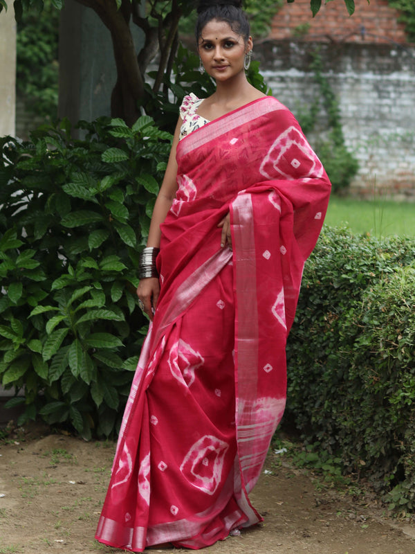 Pure Cotton Tie-Dye Shibori Saree with Silver Zari Border – Red