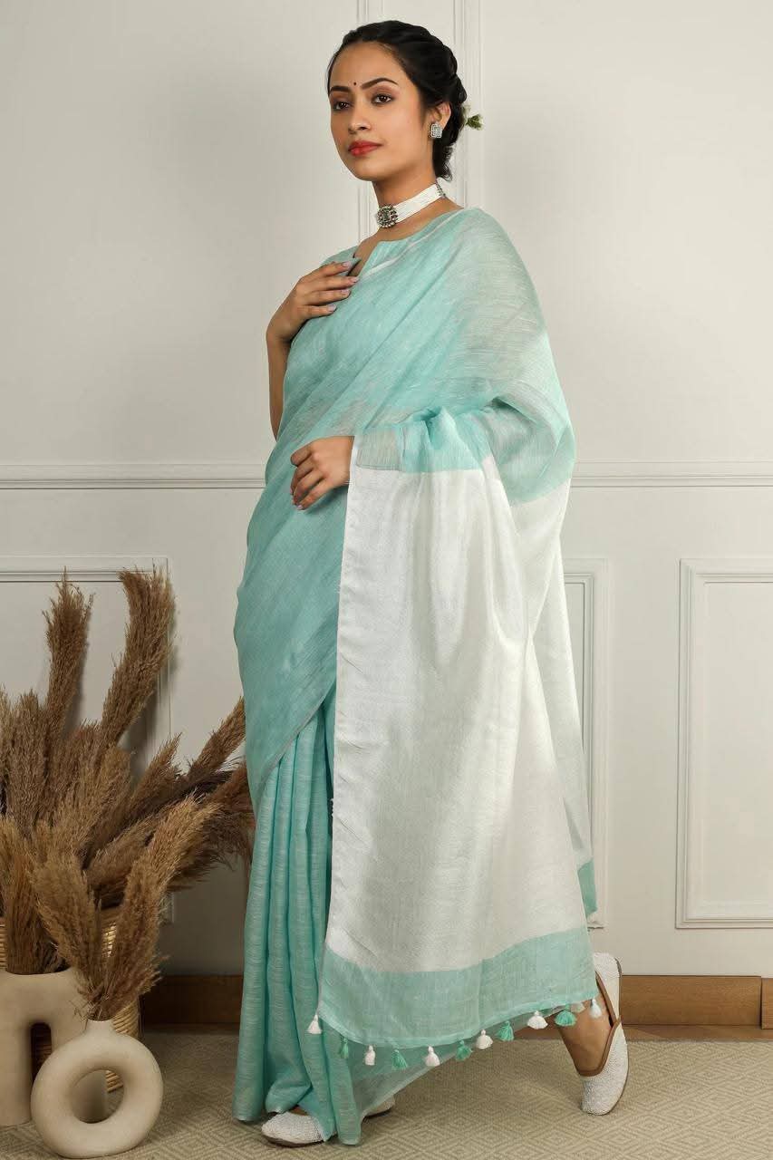 Handwoven Pure Linen Saree with Silver Zari Border & Tassels