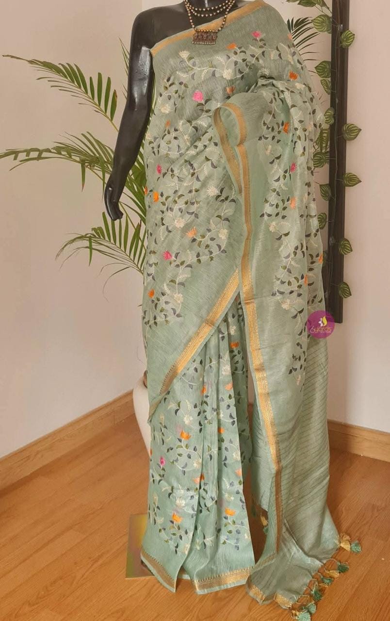 Kota Silk Linen Saree with Golden Zari Border | Floral Embroidery