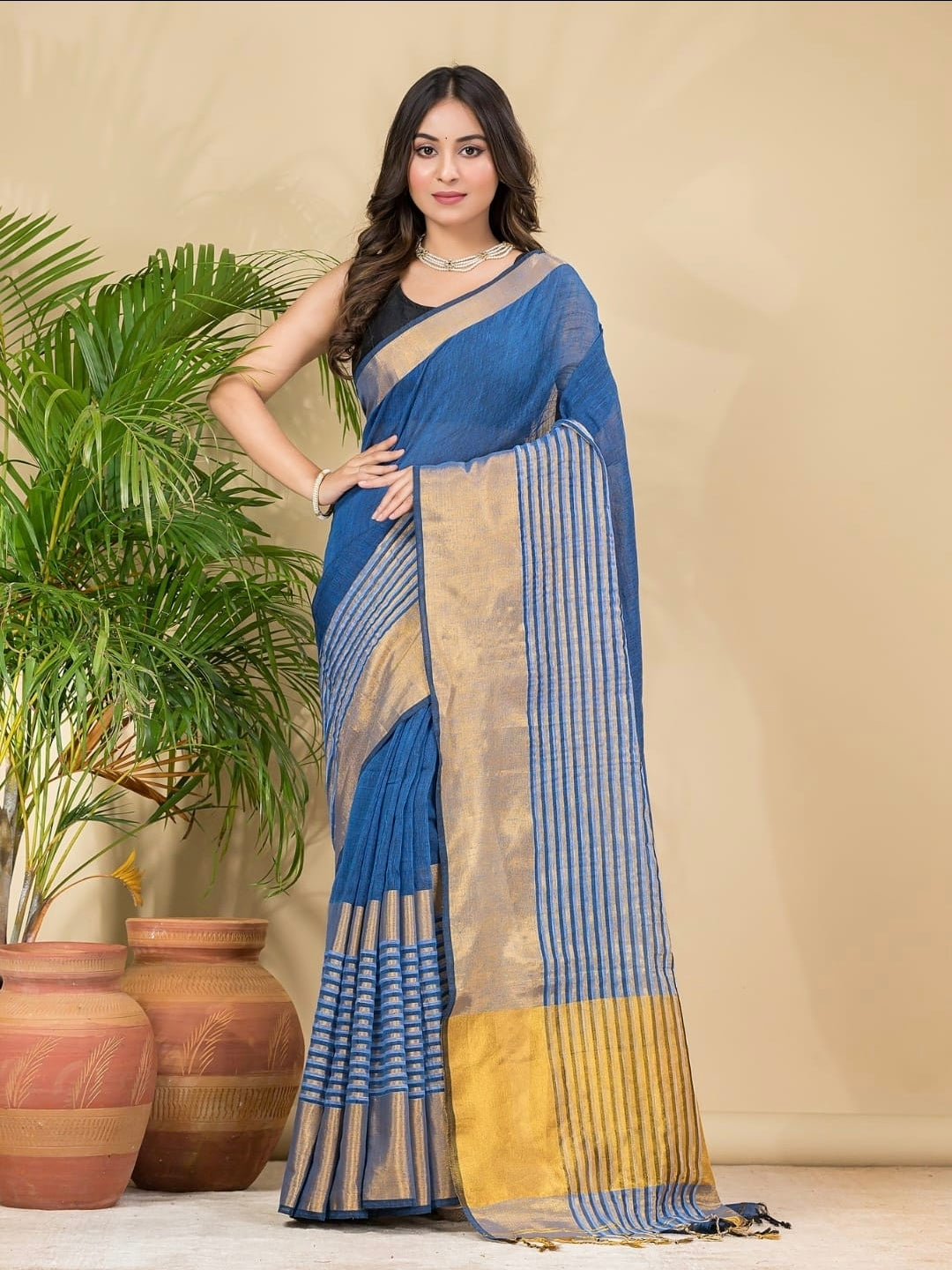 Handwoven Pure Linen Saree Golden zari Border