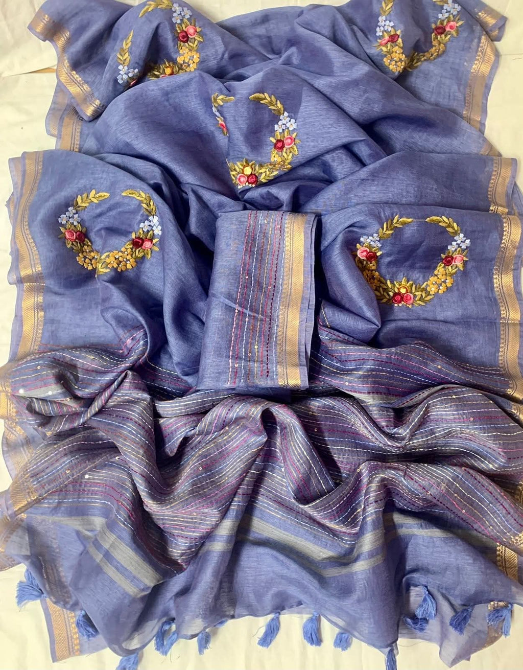 Handwoven Kota Silk Linen Saree with Floral Embroidery & Golden Zari Border