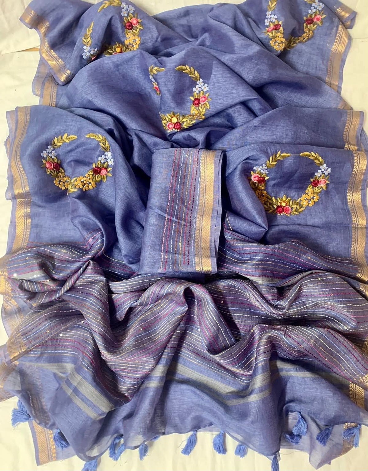 Handwoven Kota Silk Linen Saree with Floral Embroidery & Golden Zari Border