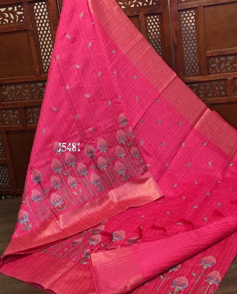 Silk Cotton Embroidery Saree – Lotus Floral Embroidery with Zari Border