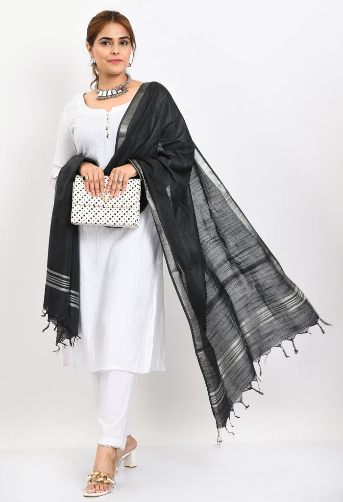 Linen Dupatta with Silver Zari Border