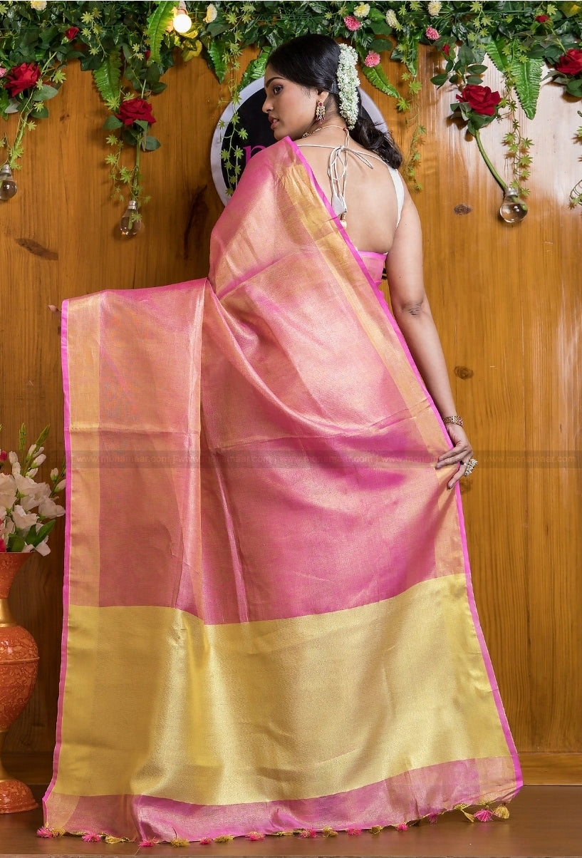 Handwoven Tissue Linen Saree with Golden Zari Border