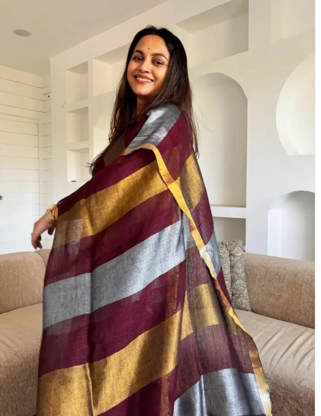 Handwoven Pure Linen Saree with Copper Zari Border | Maroon Multi-Stripe