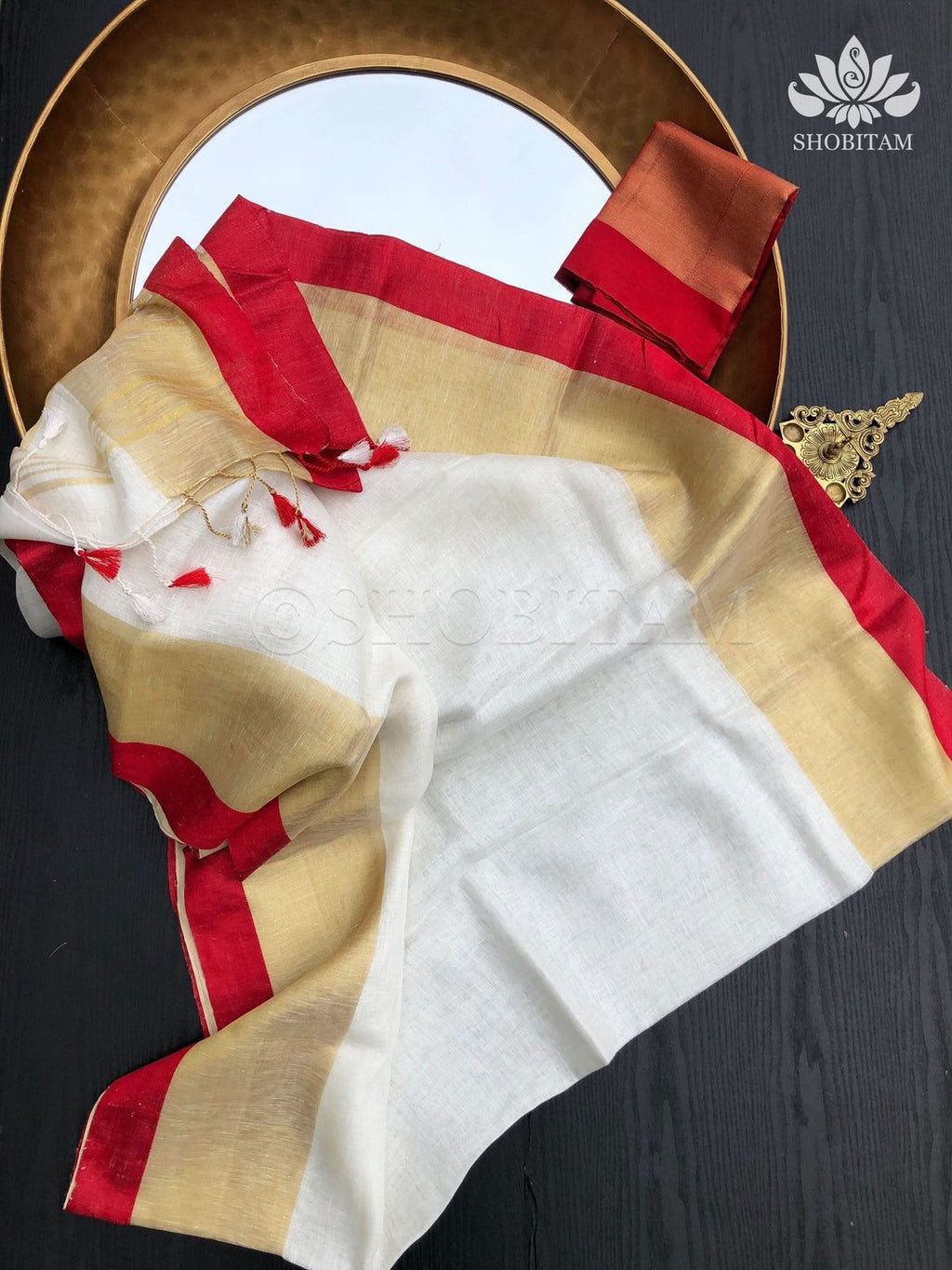 Handwoven Pure Linen Saree | Golden Zari with Red Papin Border