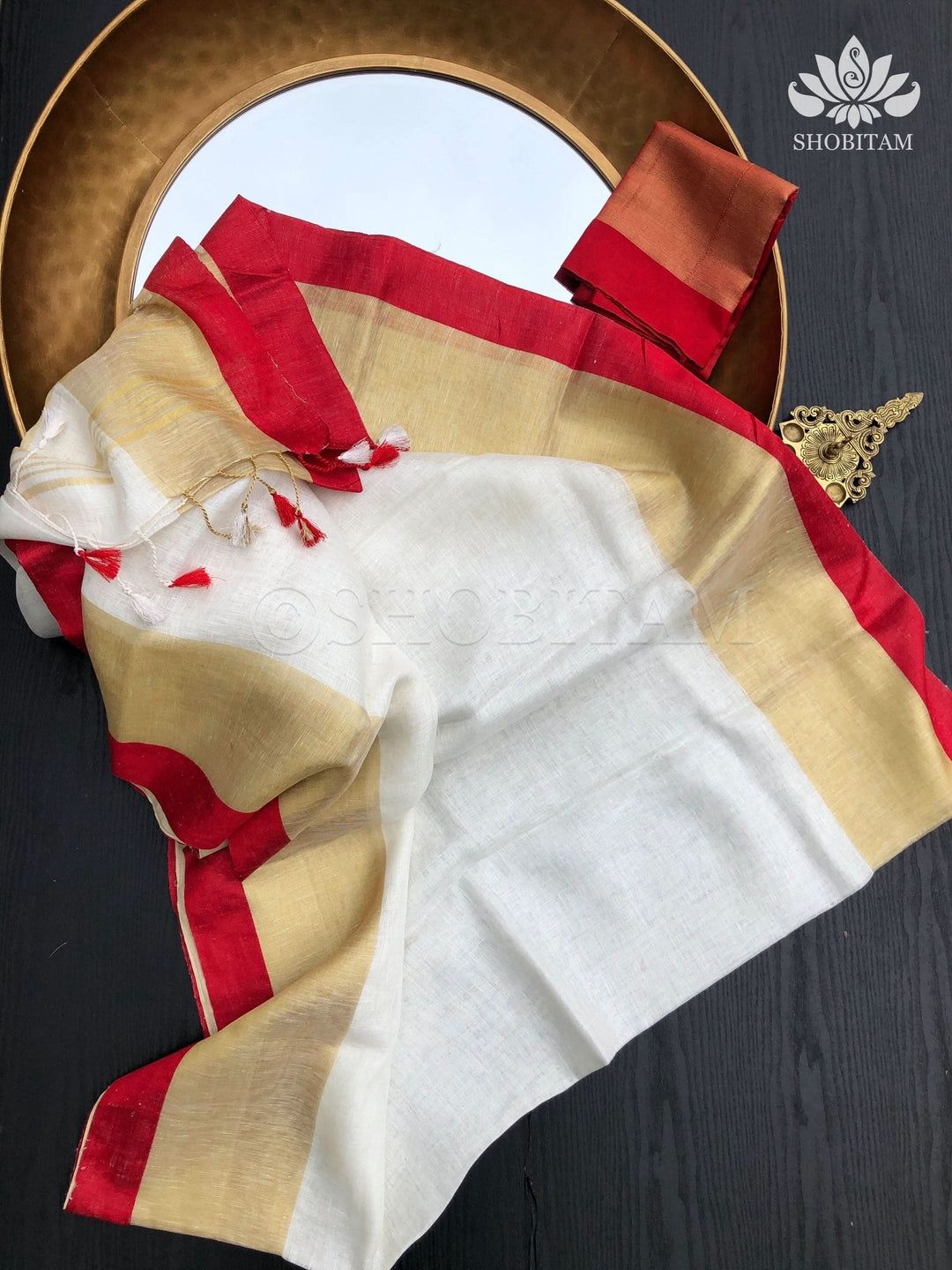 Handwoven Pure Linen Saree | Golden Zari with Red Papin Border